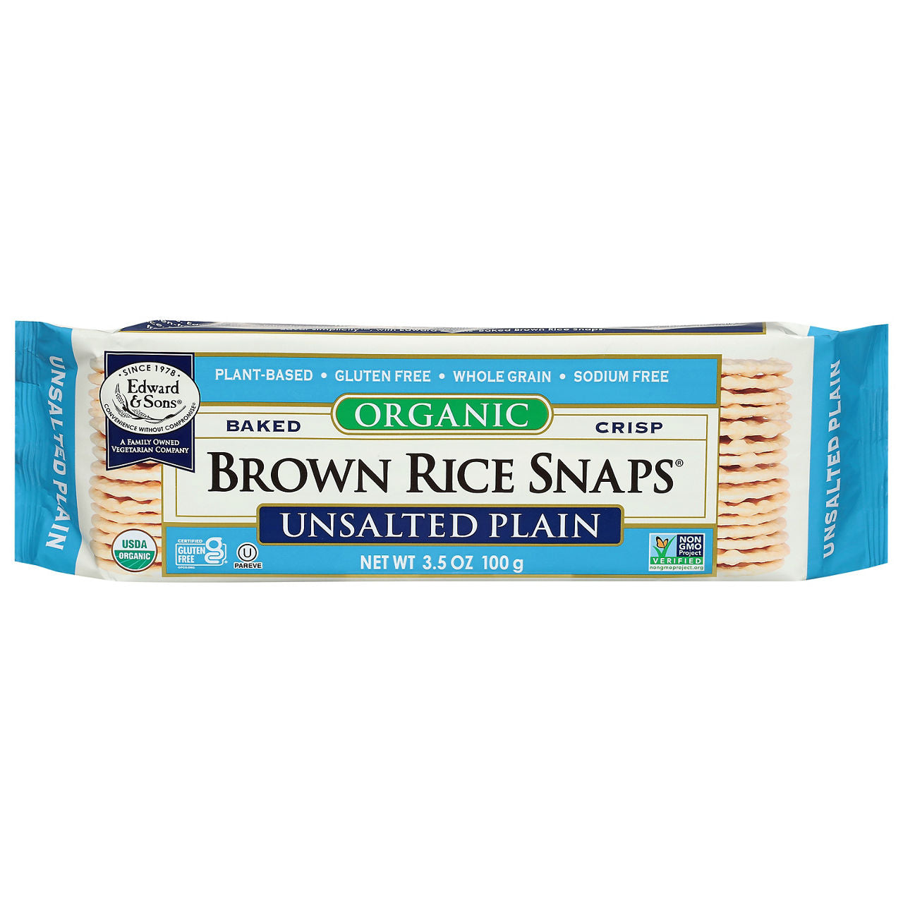 Edward & Sons Organic Baked Brown Rice Snaps Unsalted Plain, 3.5 Oz